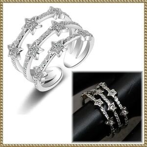 Multi Layer Silver Tone Cubic Zirconia Star Detail Adjustable Ring
